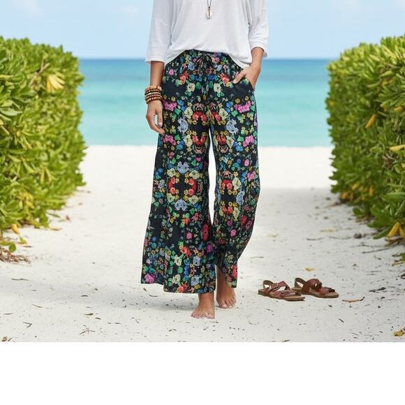 Johnny Was Black Floral Pull on Wide Leg Ruffle Pants XS - Picture 1 of 7